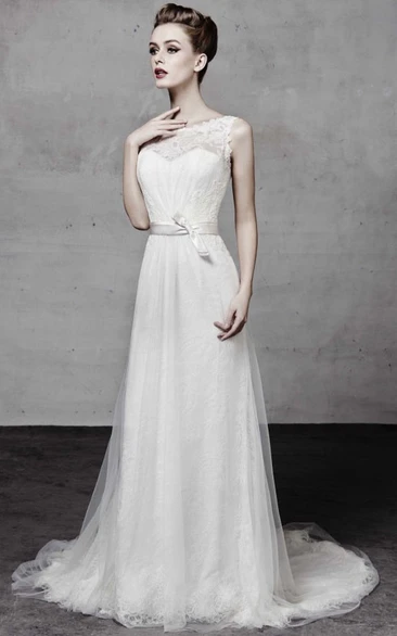 A-Line Appliqued Long Sleeveless Bateau Tulle&Lace Wedding Dress With Bow