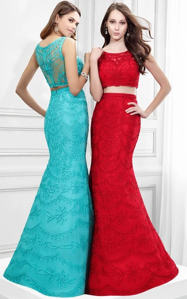 Mermaid Appliqued Sleeveless Scoop Neck Lace Prom Dress