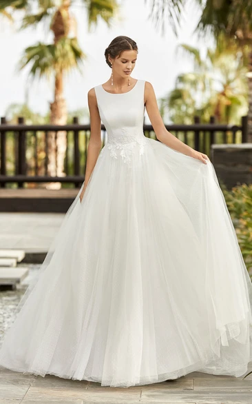 Lace Appliqued Scoop Neckline Sleeveless And Deep V-back Tulle Bridal Ballgown Dress