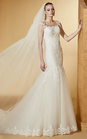 Scooped-Neck Mermaid Lace Long Wedding Dress With Beautiful And Brush Train
