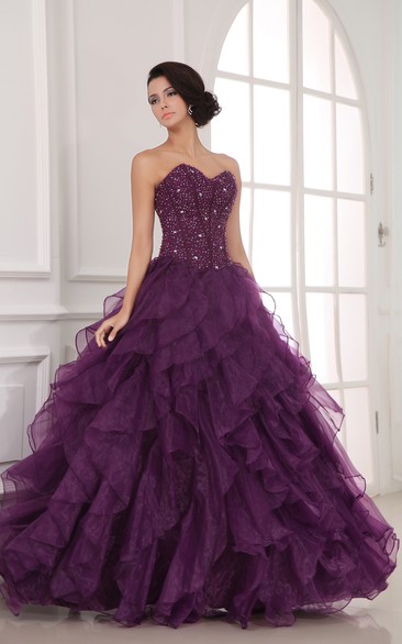 A-Line Sweetheart Ball Gown Prom Dress With Organza Ruffles And Beading