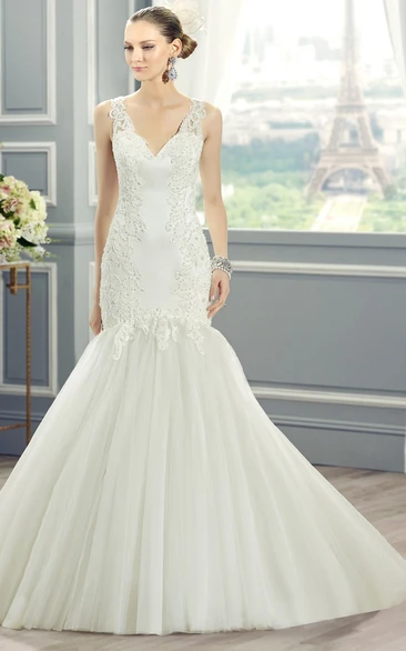 Mermaid Appliqued Sleeveless Floor-Length V-Neck Lace&Tulle Wedding Dress With Court Train And Illusion Back