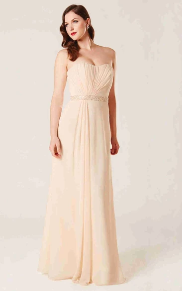 Strapless Floor-Length Jeweled Chiffon Bridesmaid Dress With Ruching And Corset Back