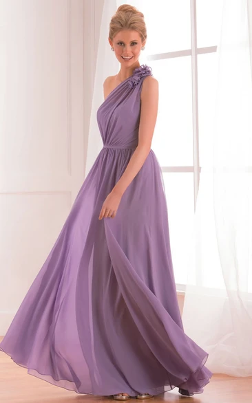One-shoulder A-line Chiffon Dress with Pleats and Flowers
