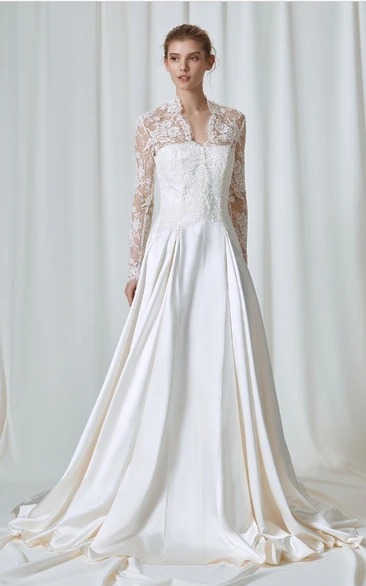 Elegant A Line Ball Gown Lace High Neck Wedding Dress With Illusion Sleeve And Zipper Back