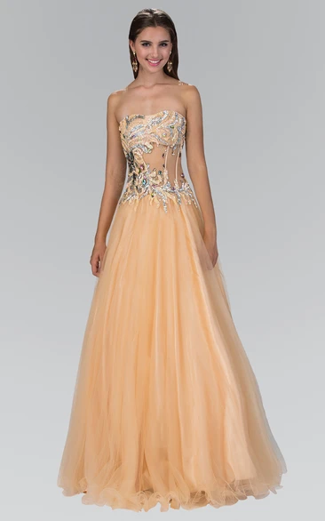 A-Line Strapless Sleeveless Tulle Backless Dress With Beading And Ruffles