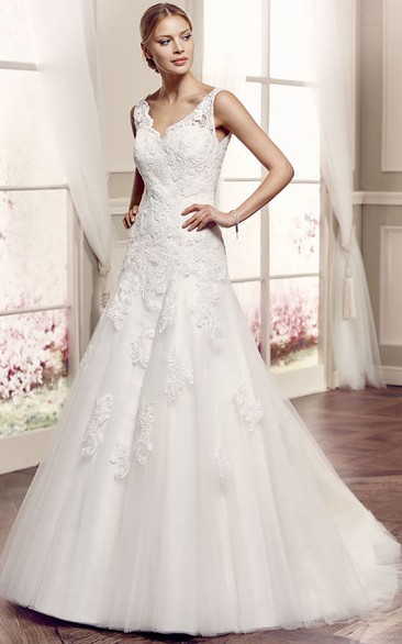 A-Line Sleeveless V-Neck Floor-Length Appliqued Lace Wedding Dress With Deep-V Back And Court Train