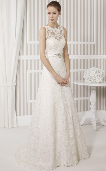 A-Line Sleeveless Scoop Floor-Length Appliqued Lace Wedding Dress With Waist Jewellery And Bow