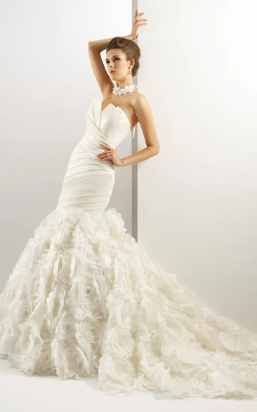 Strapless V-cut Trumpet Gown with Flowers and Ruching