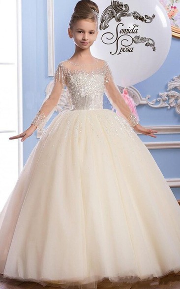 Tulle Scoop Long-Sleeve Beading Flower Girl Dress with Bow
