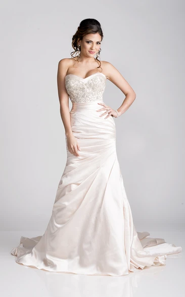 A-Line Ruched Satin Wedding Dress With Jeweled Bodice And Sweetheart Neckline