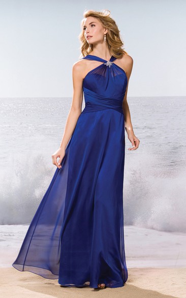 High-Neck A-Line Long Gown With Brooch And Ruches