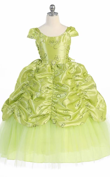 Ankle-Length Embroideried Tiered Lace&Taffeta Flower Girl Dress With Broach