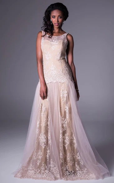 A-Line Sleeveless Long Appliqued Scoop-Neck Tulle&Lace Prom Dress