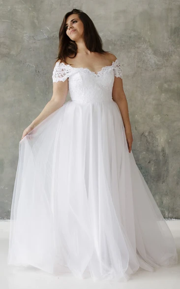 Plus Size A Line Lace and Tulle Off-the-shoulder Wedding Gown