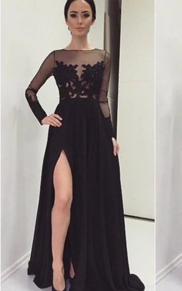 Sexy Lace Appliques Black Prom Dress Front Split Long Sleeve Illusion Sweep Train