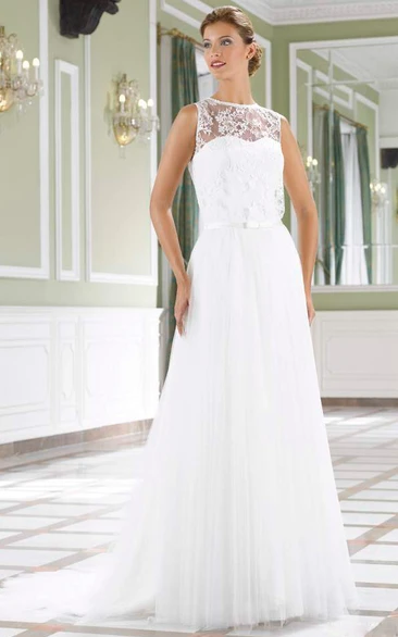 A-Line Lace Sleeveless Floor-Length Jewel Tulle Wedding Dress With Court Train And Illusion Back