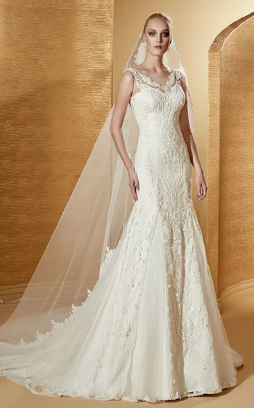 Exquisite V-Neck Mermaid Bridal Gown With Illusive Lace Straps And Court Train