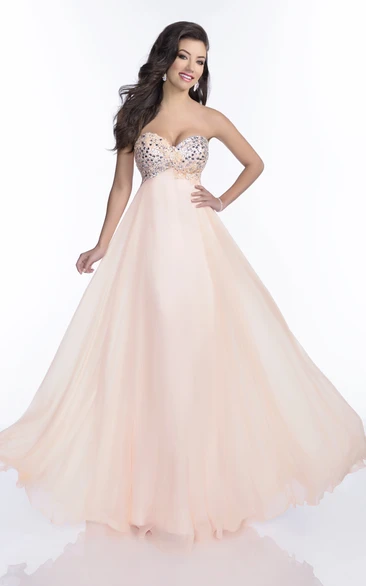 Sweetheart Chiffon A-Line Sleeveless Prom Dress Featuring Glimmering Rhinestones Bust