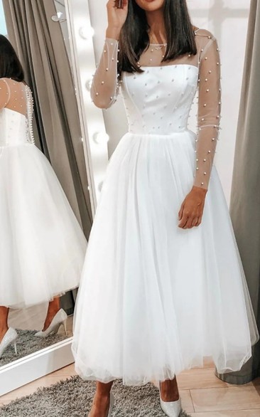 Tulle Bateau A Line Long Sleeve Tea-length Illusion Wedding Dress With Beading