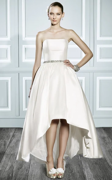 High-Low Strapless Jeweled Satin Wedding Dress With V Back