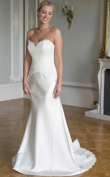 Sheath Appliqued Sweetheart Sleeveless Long Satin&Lace Wedding Dress