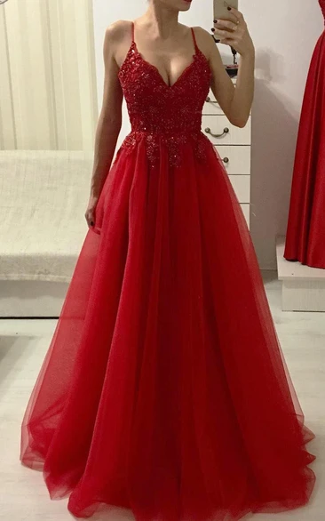 A Line Sleeveless Tulle Simple Evening Dress with Appliques and Beading