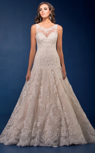 Sleeveless A-Line Wedding Dress With Bateau-Neck And Appliques