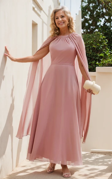 Jewel Neck Chiffon A-Line Elegant Women Ankle-length Sleeveless Zipper Back with Cape Guest Evening Cocktail Dress