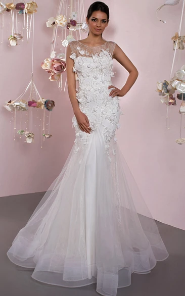 Trumpet Appliqued Long Scoop Sleeveless Tulle Wedding Dress With Ruffles And Flower