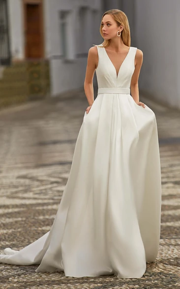 Elegant A Line Satin V-neck Court Train Wedding Dress with Pockets