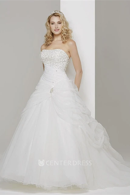 Ball Gown Maxi Pick-Up Strapless Sleeveless Tulle Wedding Dress With ...