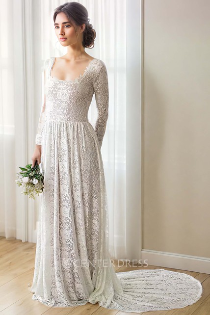 Long Sleeve Lace Boho Flower Square Neck Sheath Elegant