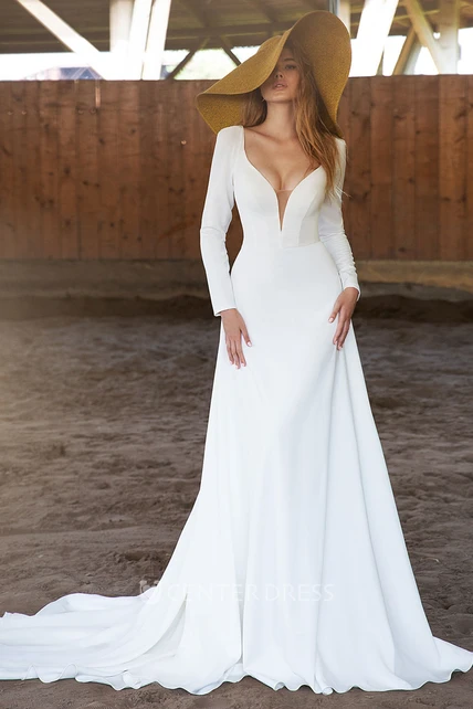 A-line Long Sleeve Plunging Neckline Lace Wedding Dress with Deep  V-back-715771