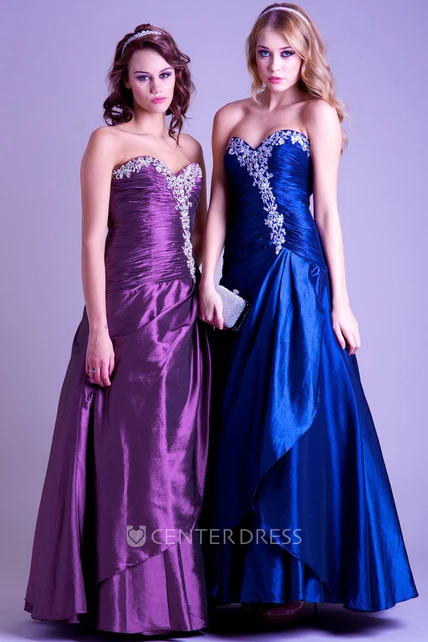 A-Line Ruched Sweetheart Sleeveless Maxi Satin Prom Dress With Beading ...