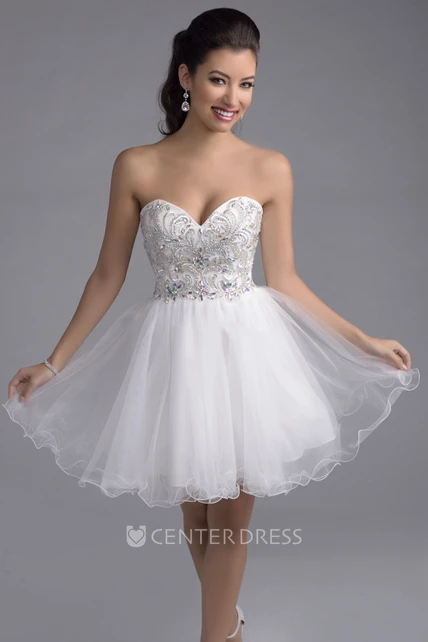 Mini Sweetheart A-Line Tulle Prom Dress With Rhinestone Embellishment ...