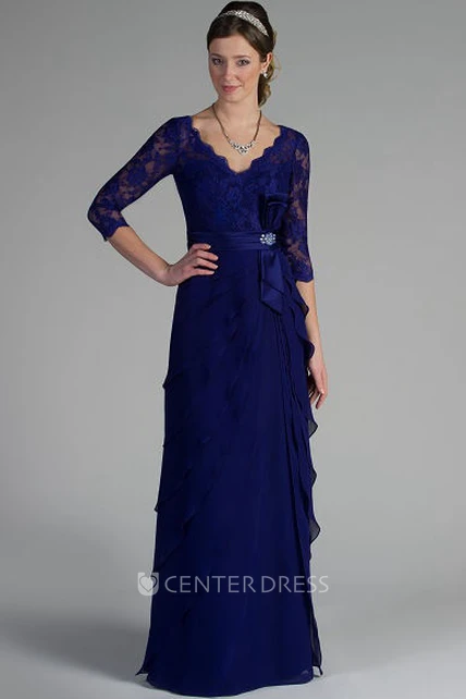 Sheath 3-4-Sleeve Floor-Length V-Neck Draped Lace&Chiffon Mother Of The ...