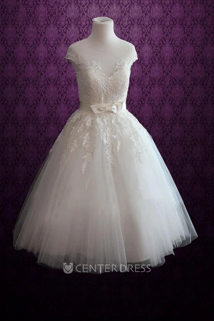 Jewel Neck Lace Bodice Short Dress With Sash And Appliques - UCenter Dress