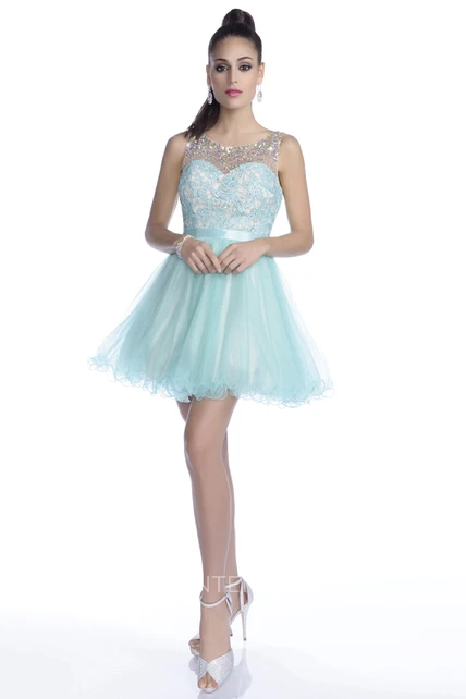 Lace And Tulle A-Line Mini Prom Dress With Top Rhinestones - UCenter Dress