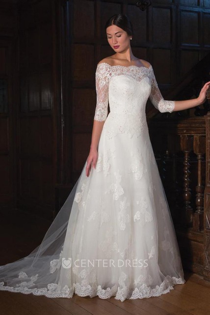 A-Line 3-4-Sleeve Off-The-Shoulder Lace&Tulle Wedding Dress