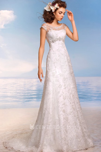 A-Line Floor-Length Scoop Cap-Sleeve Empire Illusion Lace Dress With  Beading And Appliques - UCenter Dress