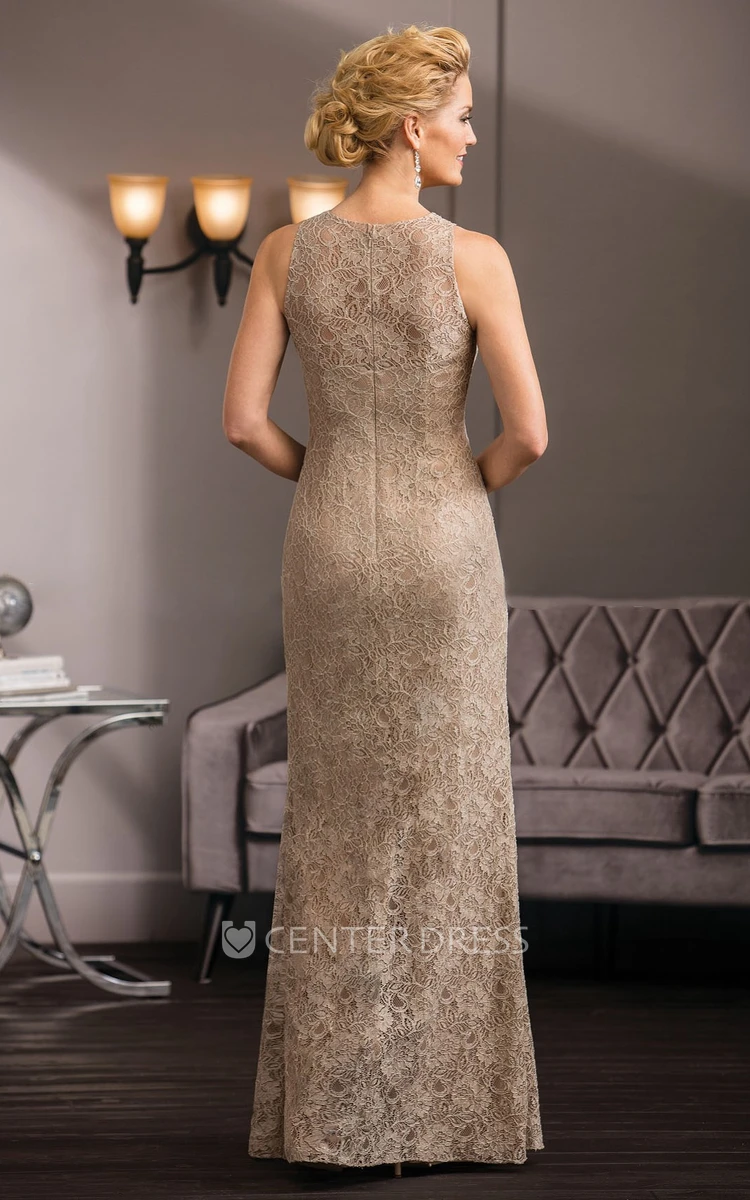 High-Neck Sleeveless Long Lace Gown With Shawl