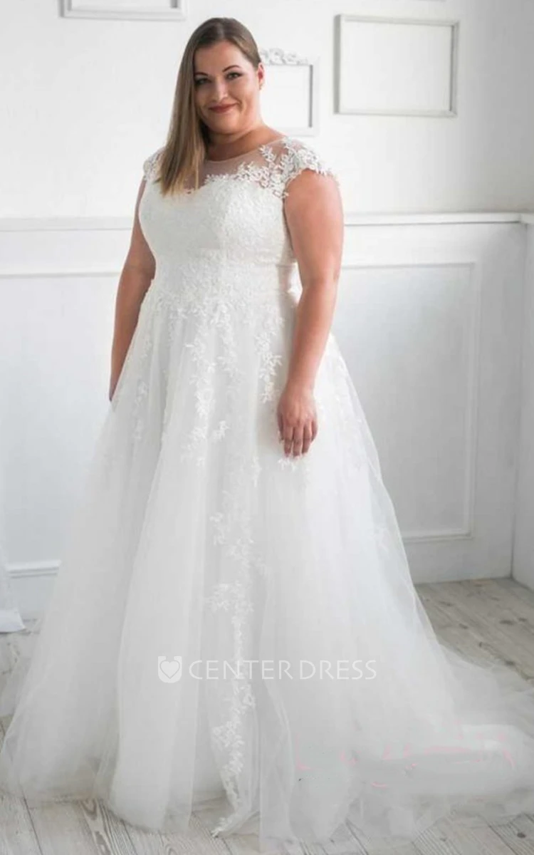 Romantic A Line Bateau Tulle Sweep Train Wedding Dress with Appliques