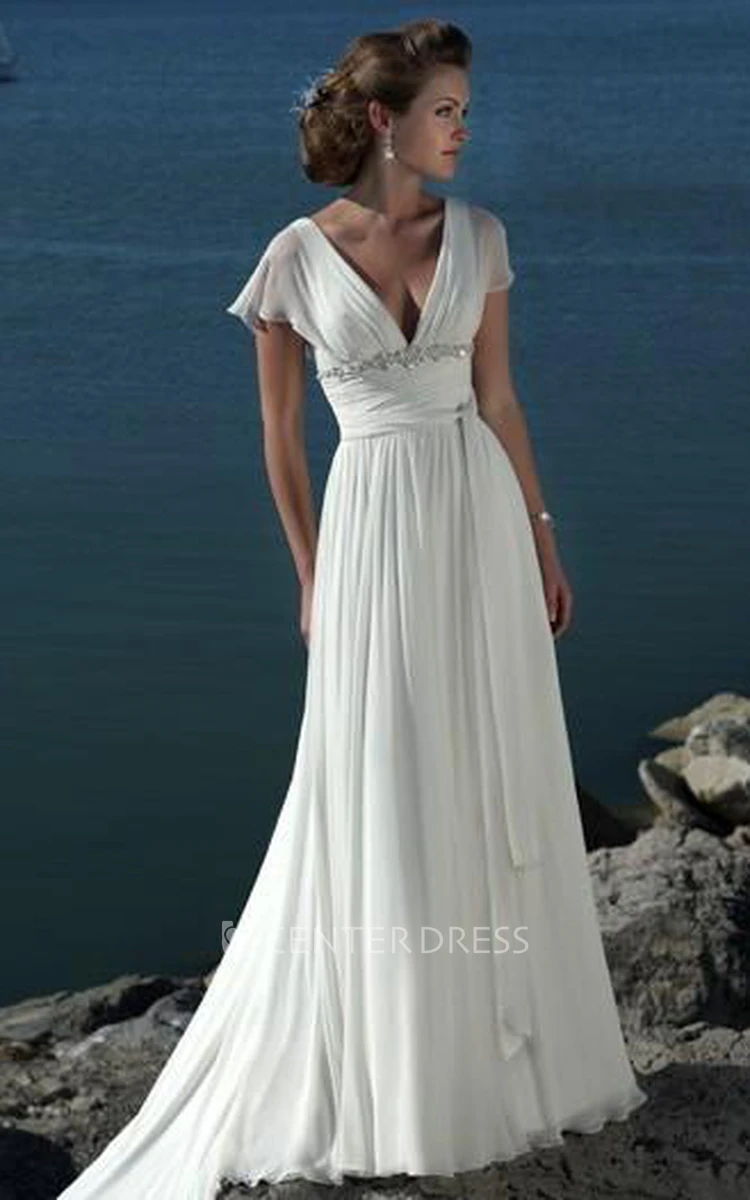 Empire Waist Regency Style Short Sleeve Wedding Dress Bridal Gown All Over  Lace Short Train Pearls Luxury Design Short Sleeve 