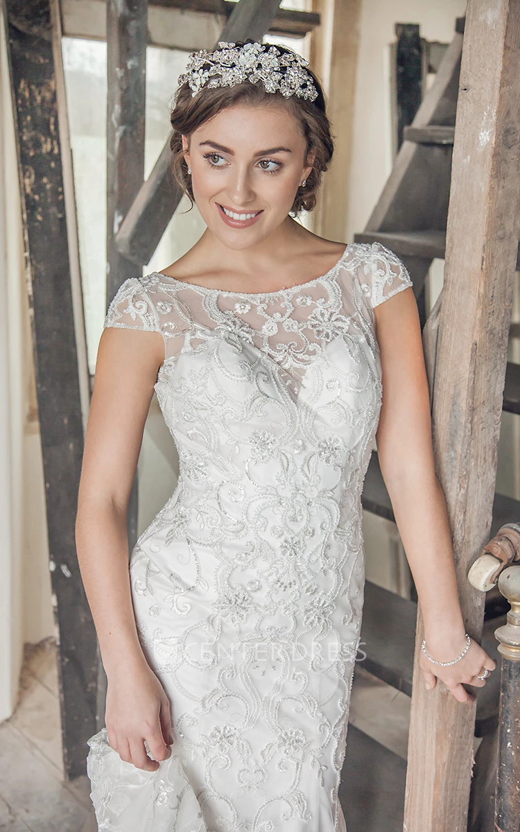 Long Bateau Cap-Sleeve Beaded Tulle Wedding Dress With Embroidery And Illusion