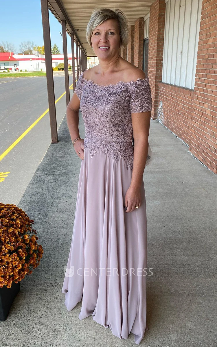 Elegant A-Line Off-the-shoulder Chiffon Evening Dress With Short Sleeve And Appliques