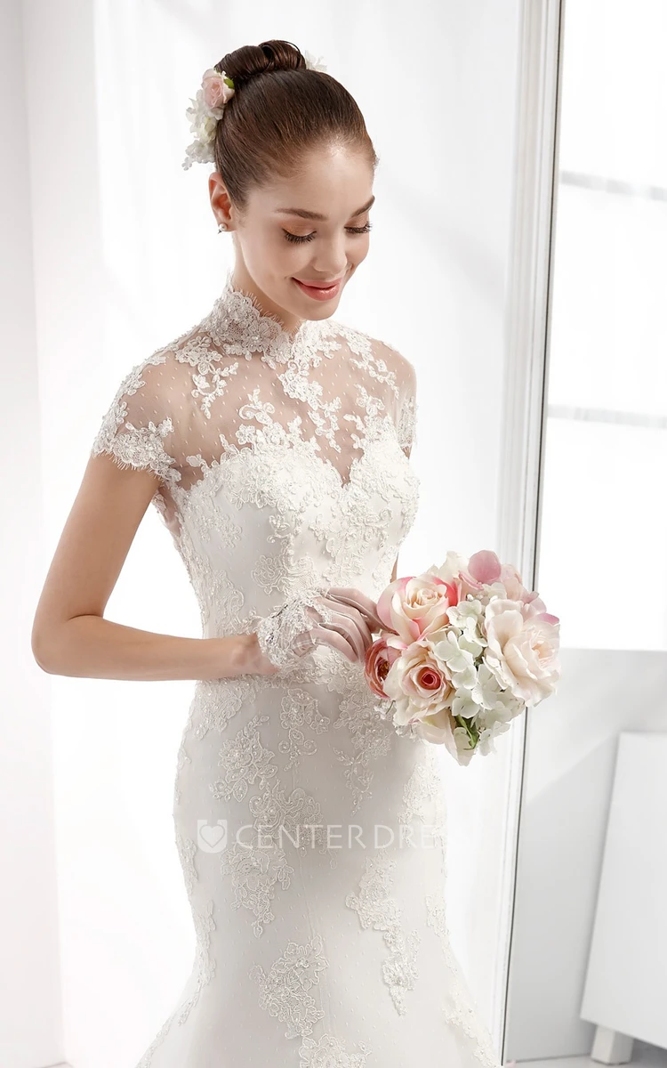 High-neck Mermaid Wedding Dress with T-shirt Sleeves and Illusive Design