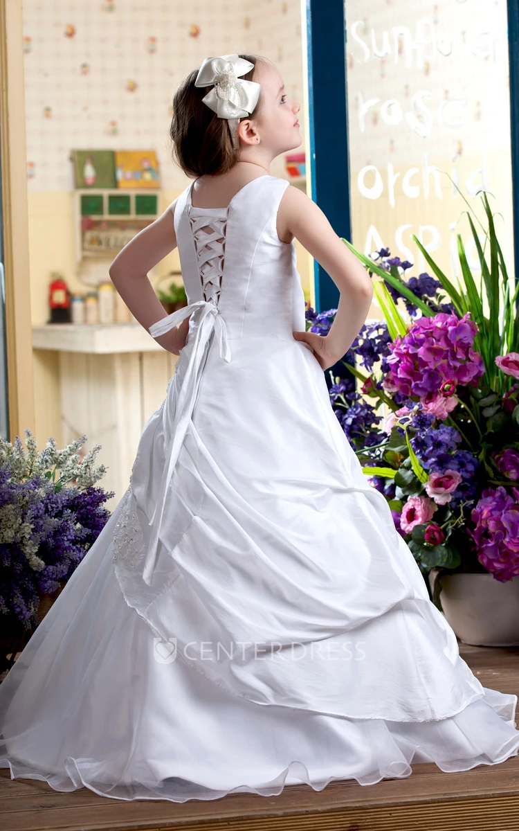 Appliqued Square-Neck Satin Flower Girl Dress With Pick-Up and Corset Back