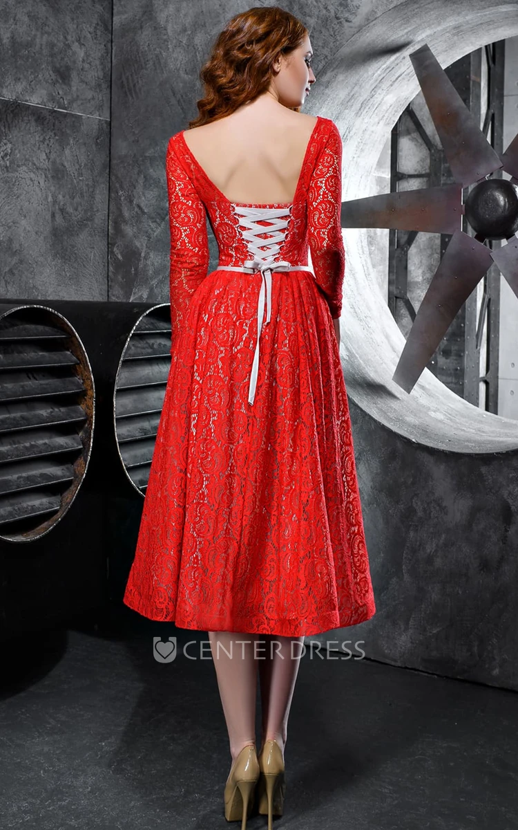 Simple  A Line Lace BateauTea-length Evening Dress with Sash