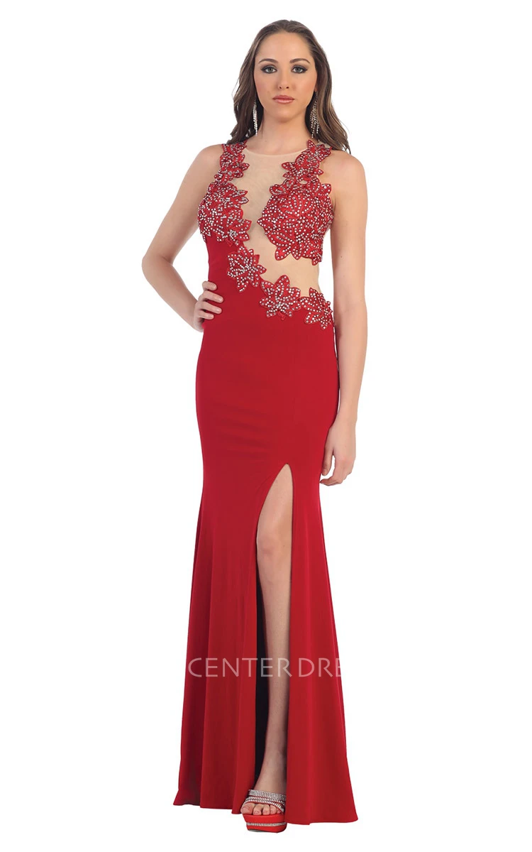 Sheath Scoop-Neck Sleeveless Jersey Illusion Dress With Split Front And Beading
